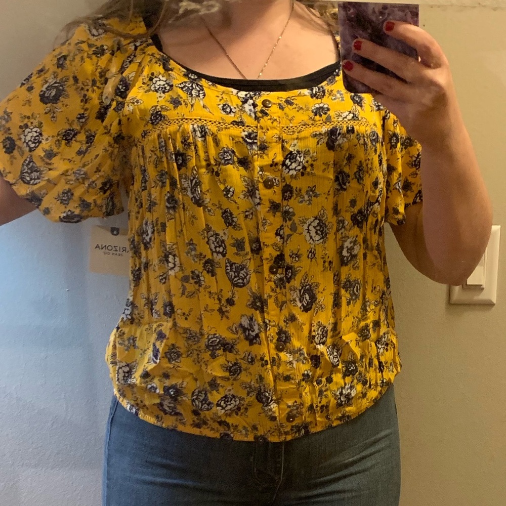 NWT yellow /mustard top with floral design